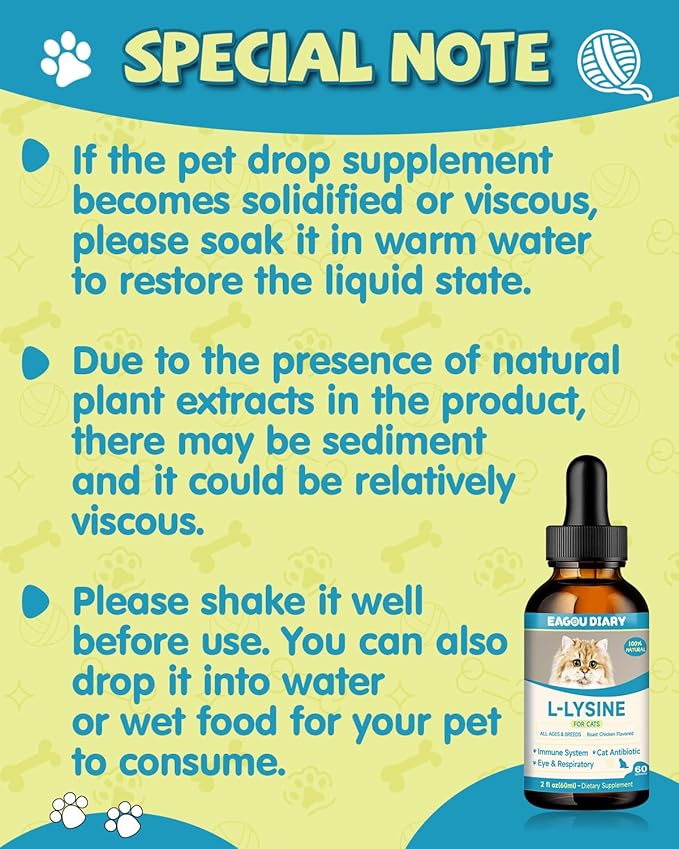 L-Lysine for Cats,Lysine Drops Immune Support Supplement,Sneezing,Cold,Allergy Relief,Runny Nose,Feline Respiratory,Natural Antibiotics for Cats with Colostrum,Taurine (Roast Chicken Flavor/2floz)