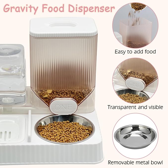 Fhiny Gravity Cat Feeder & Water Dispenser, 2 in 1 Automatic Puppy Waterer Removable Stainless Steel Food Bowls Set Self Feeding Pet Food Storage for Cat Kitten Puppy Easy Clean (White)