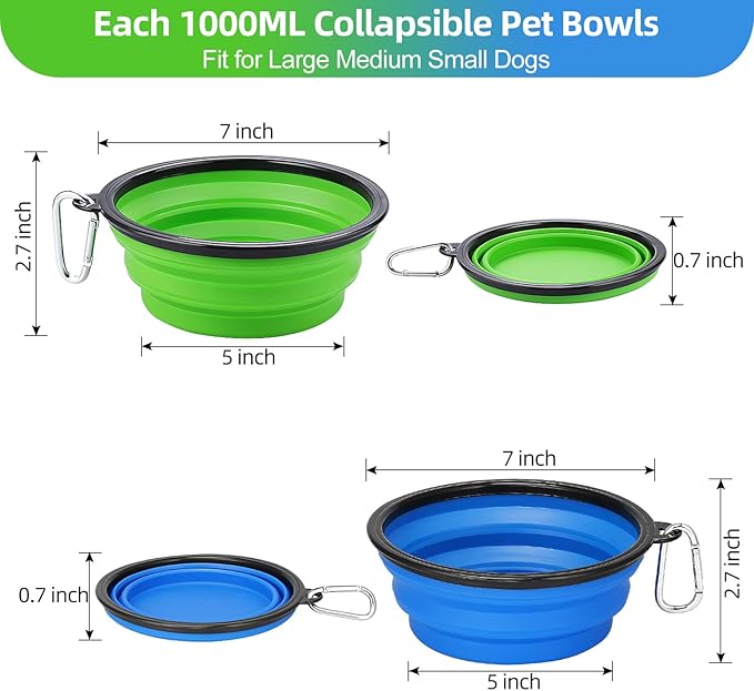 Kytely Large Collapsible Dog Bowls 2 Pack, 34oz Foldable Dog Travel Bowl, Portable Pet Water Food Bowl with Clasp, Pet Cat Feeding Cup Dish for Traveling, Walking, Hiking (Blue+Green)