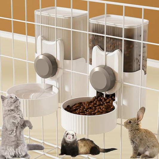 Rabbit Feeder for Cage,Hanging Automatic Cat Feeder and Water Dispenser,Ferret Cage Accessories,Food Water Bowl for Cats Rabbit Guinea Pig Cages(Cage Grid Spacing Over 1.2'')