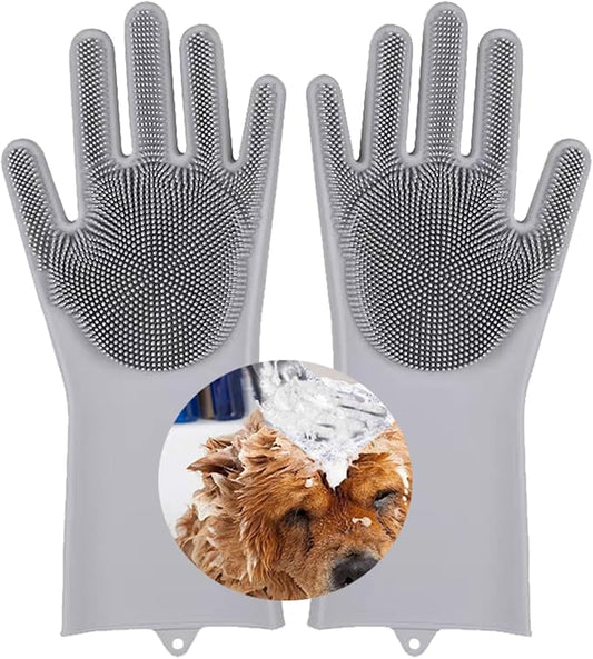 1 pairs Silicone Dishwashing & Pet Grooming Gloves - 2-in-1 Heat Resistant Gloves with High-Density Teeth, Enhanced Five Finger Design for Bathing, Cleaning Dishes, Cars, Dogs & Cats (Gray)