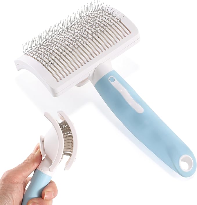 Dog Self-Cleaning Slicker Brush with One Button Fur Removal and Coated Tips Deshedding Brush for Medium or Long Hair Dogs for Massaging Grooming Blue