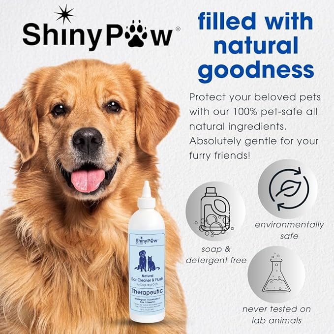 Dog Ear Cleaner Solution for Dogs & Cats by Shiny Paw 16 oz | Wintergreen, Camphor & Aloe – Gentle Ear Flush for Pets Health | Dog Ear Wash | Made in The USA