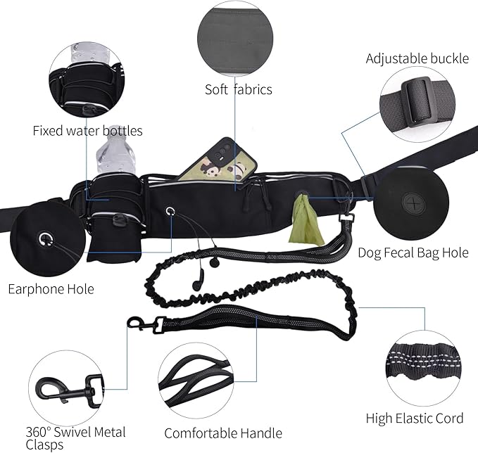 Hands Free Dog Leash with Pouch, Waist Leash for Dog Walking Bungee Leashs Reflective Dual Padded Handles, Running leashe for Dogs Large & Medium Dogs