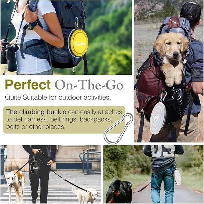 Pawaboo Collapsible Dog Bowls 2 Pack, Silicone Feeding Watering Bowls with Lids & Carabiners for Dogs Cats, Portable Water Feeder Food Bowl for Walking Traveling Home Use, Yellow + Black