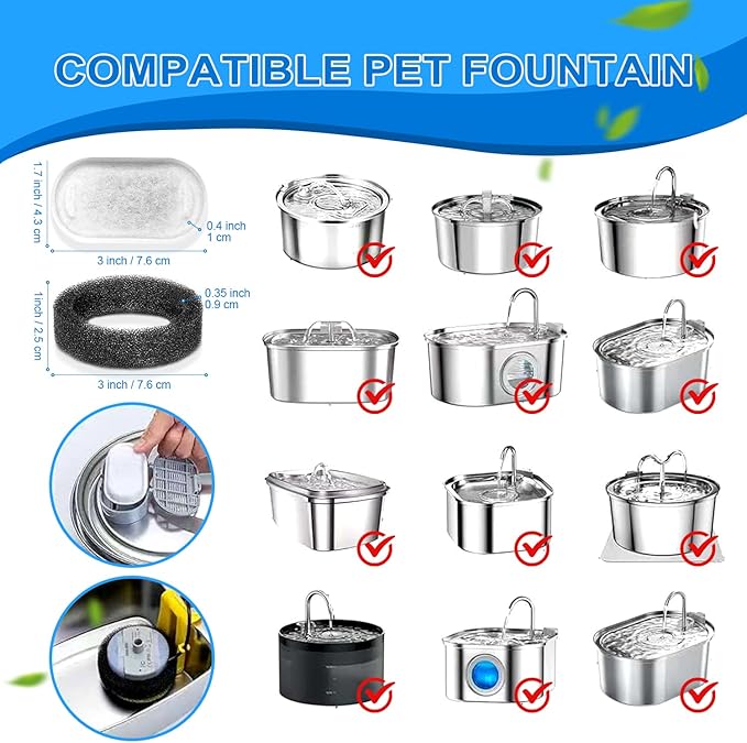 Cat Water Fountain Filters, 20Pack Cat Fountain Replacement Filters for Stainless Steel 108oz/3.2L& 67oz/2L adjustable Water Flow Pet Water Fountain,Dog Water Fountain Filters(10 Filters& 10 Sponges)