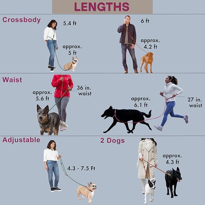 Hands Free Dog Leash, Waist Leash for Dog Walking, Crossbody, Multifunctional, Dog Lead, Running, Pink Adjustable Lead 4.3ft - 7.5ft, Double Lead for 2 Dogs, Dual Handle, Dog Training, 3/8" (10mm).