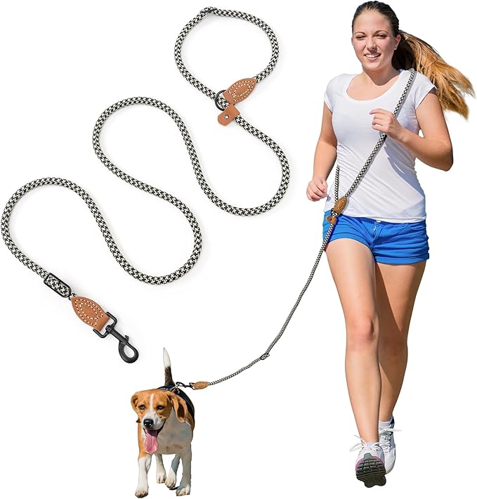 Mile High Life Hands Free Dog Leash, Crossbody Waist Leash with Genuine Leather Connection, Multifunctional Adjustable Slip Lead for Dog Walking Running (Black Khaki, 8FT)