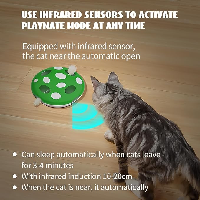 PAKEWAY Interactive Cat Toy, Automatic Cat Toys for Indoor Cats, Feather Toys, Eight Hole Structure and Two Ambush Feather,Infrared Sensor Activated