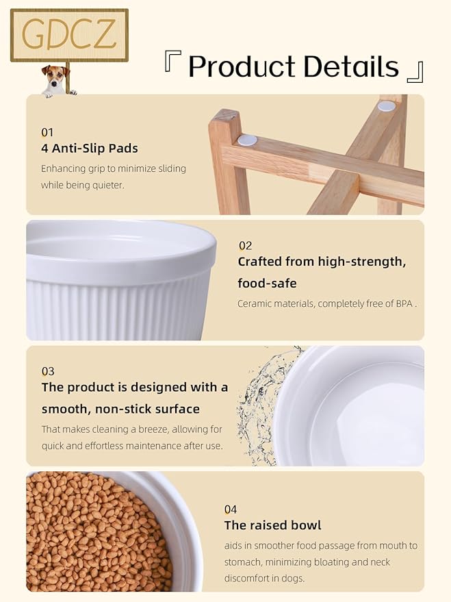 Large Dog Food Bowl, 65 oz Ceramic Bowls for Medium Breed, Pet Food Water Dish Heavy Wighted, Raised Dog Bowl with Wooden Stand, White