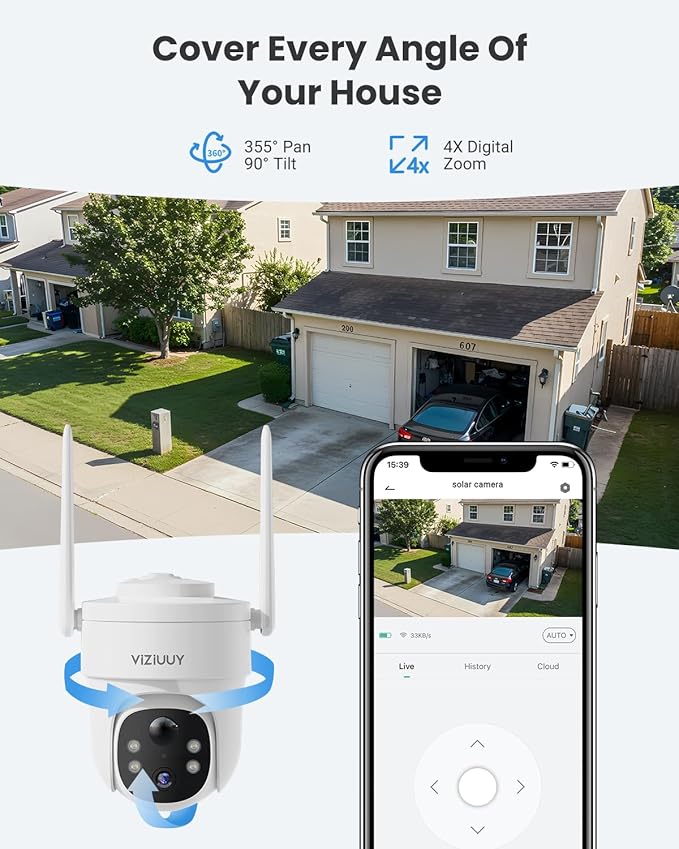 Solar Security Cameras Wireless Outdoor, 3MP Pan Tilt 360°WiFi Camera with Color Night Vision/PIR Sensor/2-Way Audio/Alexa/Google Assistant