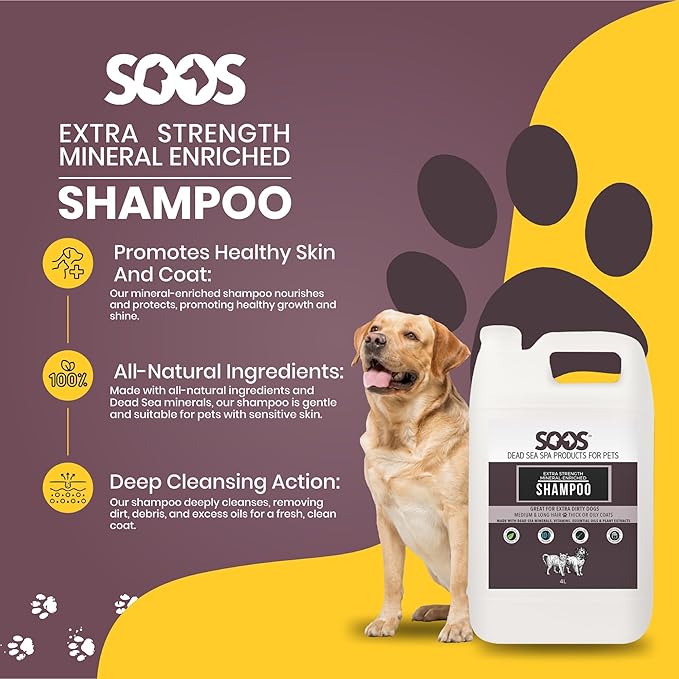 Soos Pet Extra Strength Mineral Enriched Shampoo for Dogs and Cats Natural Dead Sea Mineral Enriched Deeply Absorbing with Vitamins Essential Oils Natural Ingredients - 1x (4L Gallon)