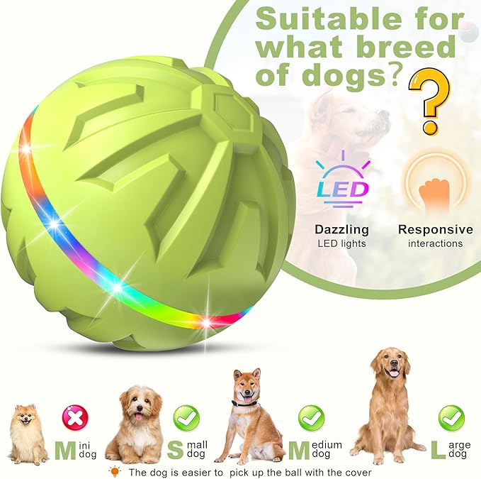 Dog Toys Dog Ball, Durable Motion Active Rolling Balls with Remote Control LED Light, Rubber Peppy Pet Balls for Medium Large Dogs, USB Rechargeable, 3.2-in Diameter (Green)