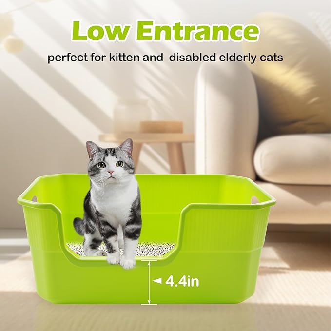 Large Litter Pan Low Entry,High Wall Litter Box Side Entry Plastic Cat Boxes for Indoor Cats Anti-Urine Leakage,High Sides Kitty Tray Open Kitten Toilet Low Entrance Green