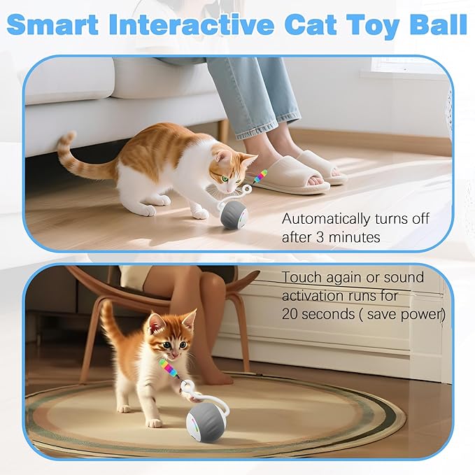 Cat Toys Interactive for Indoor Cats, Touch & Sound Smart Control - Fast slow 2 Speed Motion Activated Cat Ball Toy for Bored Cats With LED Lights, Feathers Tail, USB Charging Cable, 6in1 - Gray