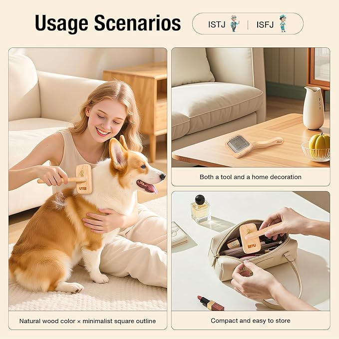 UTEE Slicker Brush for Medium Dog (Toy Poodles, Bichons & Cocker Spaniels) Gentle Grooming Tool with Stainless Steel Curved Pins & Ergonomic Beech Wood Handle — Ideal for Long or Thick Fur