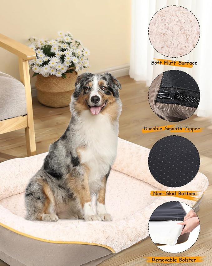 Washable Orthopedic Dog Bed for Large Dogs, Waterproof Dog Bed with Bolster, Big Couch Sofa Dogs Beds with Removable Cover & Non-Slip Bottom