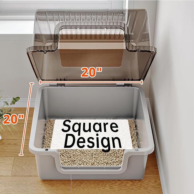 Oneluck Large Covered Cat Litter Box with Scoop and Transparent Lid, Non-Stick, Durable, Easy-Clean Pan for Multi-Cat Households,XL,Gray