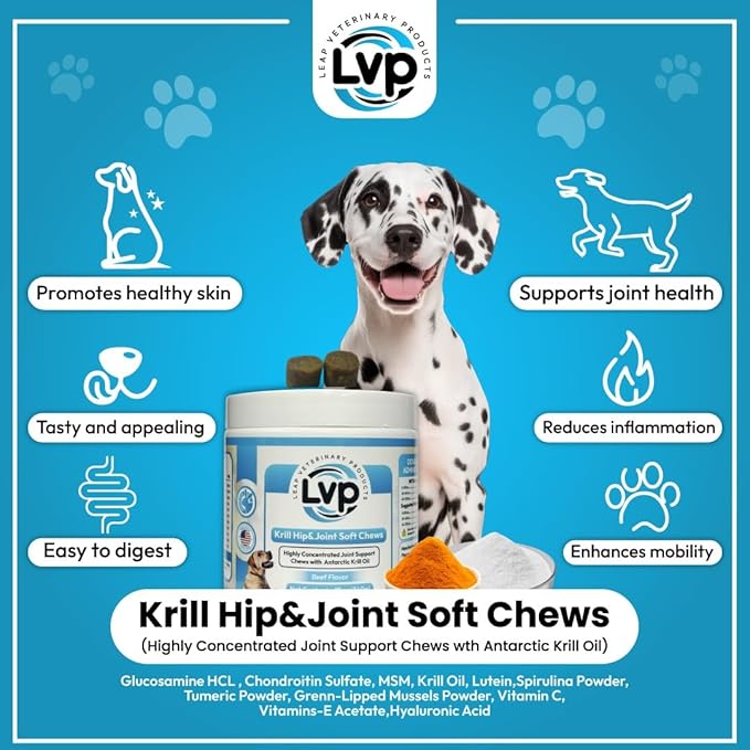 Dogs Suplements Hip & Joint - Krill Oil and Glucosamine Soft Chews, Joint Supplement for Dogs with Krill Oil,Glucosamine, Chondroitin, MSM, Turmeric, Anti Inflammatory, Mobility (Beef 90ct)