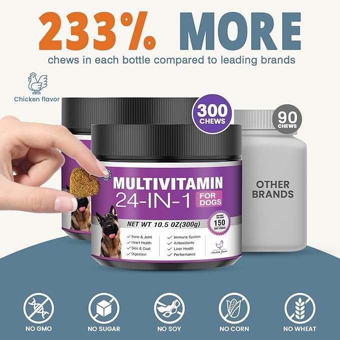 24-in-1 Dog Vitamins and Supplements 300 Ct Dogs Multivitamin Chewable Contain Chondroitin Probiotics Omega-3 Glucosamine for Dogs Skin Coat Heart Joint Gut Digestion Liver Brain Eyes Immune Support