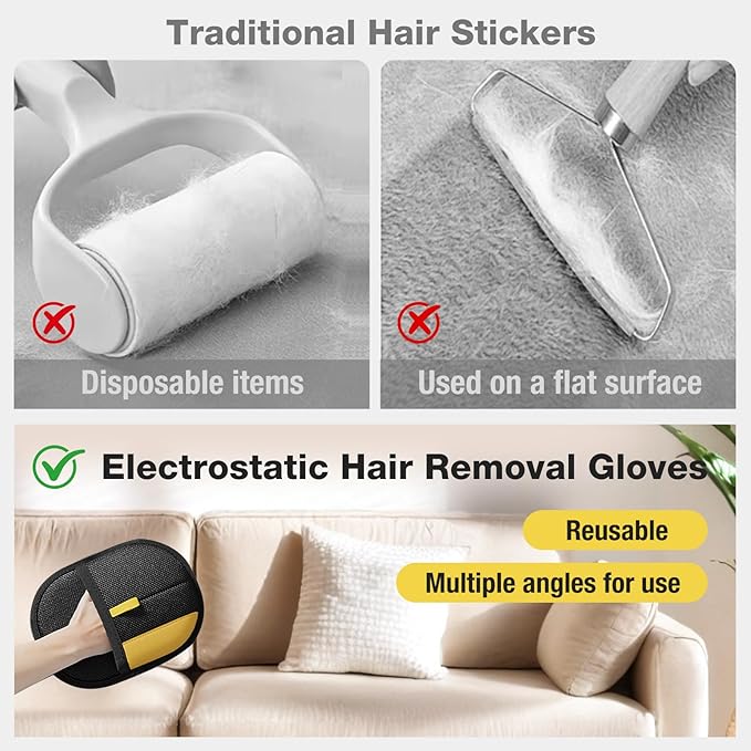 Pet Hair Removal Glove - Electrostatic Pet Hair Remover, Cat & Dog Hair Remover Tool for Couch, Furniture, Carpet, Car Seat, Curtain, Reusable Double Sided Cat Grooming Gloves (1PC)