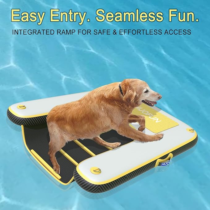 Inflatable Dog Water Ramp with Non-Slip Steps & D-Rings–180 lbs Capacity,47.2"x37.4"x4", Portable Floating Ladder for Pool, Boat, Lake – Yellow