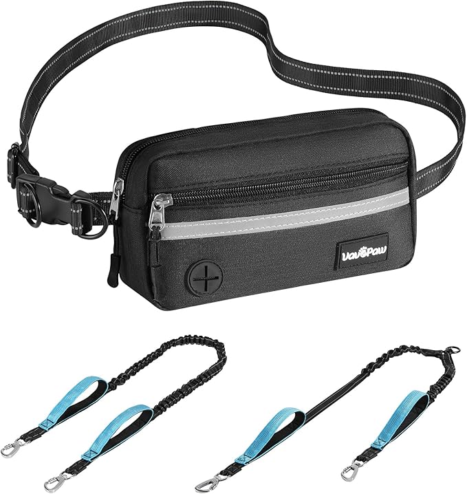 Hands Free Dog Leash, Shock Absorbing Waist Leash for Dog Walking, Jogging, Hiking, Adjustable Waist Belt with Fanny Pack & Handle, Reflective Pet Running Belt for 2 Small, Medium, Large Dogs