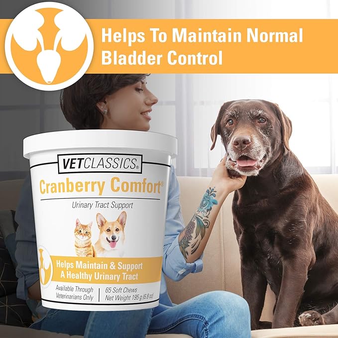 Vet Classics Cranberry Comfort Urinary Tract Pet Supplement for Dogs, Cats – Maintains Dog Bladder Health, Cat Bladder Control – Pet Supplements for Incontinence – 65 Soft Chews
