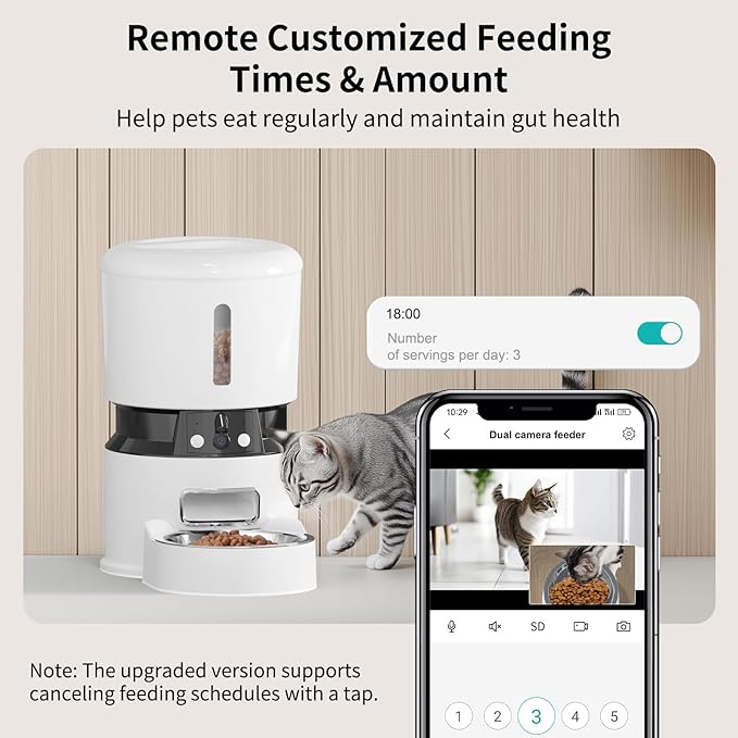 Automatic Cat Feeder with 2 Cameras 1080P HD with Night Vision Pet Food Dispenser Two-Way Voice and Audio Dog Smart WiFi Dog & Cat Feeder Programmable Schedule Slow Bowl White