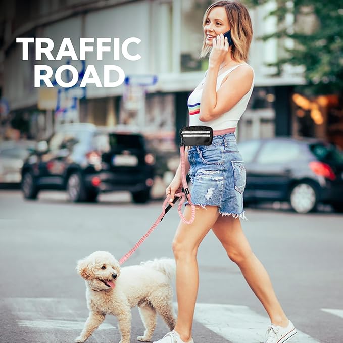 Hands Free Dog Leash, Adjustable Waist Belt with Double Padded Handles, Retractable Bungee for Medium & Large Dogs, Waist Leash for Dog Walking, Running, No Pull, Pink