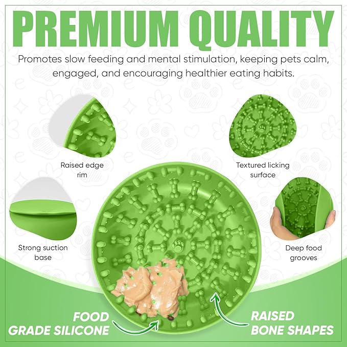 Lick Mat Bowl for Dog–Easy-to-Clean, Non-Slip Design BPA-Free Silicone Lick Mat–Great for Yogurt, or Peanut Butter–Fun Enrichment Slow Feeder & Interactive Dog Toy for Anxiety and Boredom Relief–Green
