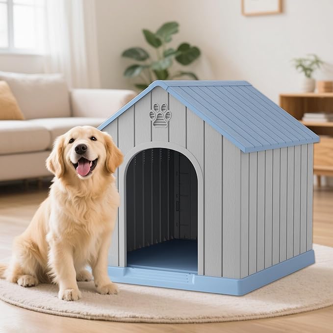 Large Dog House Outdoor Indoor for Medium Large Dogs, Durable Plastic Waterproof Doghouse with Air Vents and Elevated Floor, Easy Clean and Assemble (Blue2, 36.2''L×38''W×38''H)