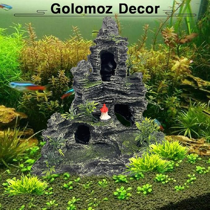 Large Aquarium Decorations Mountain View Stone Ornament Tree Rock Cave Artificial Fish Tank Ornament, Black