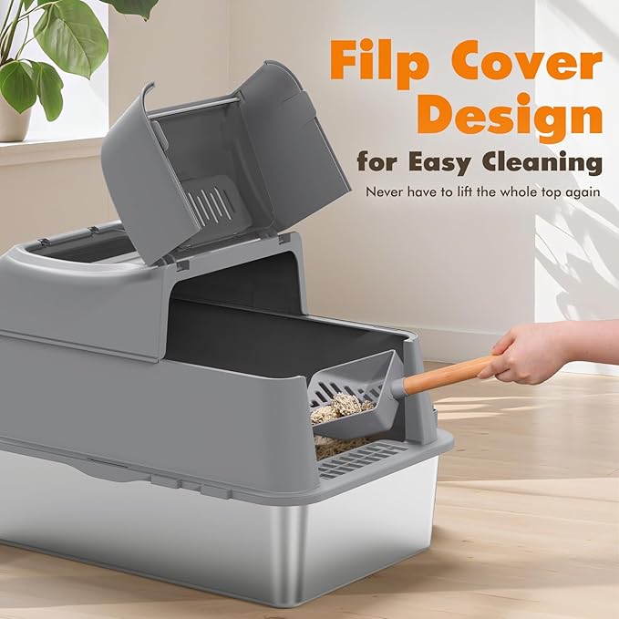 Rywell Stainless Steel Litter Box, 180° Flip-Cover Cat Litter Box, XL Extra Large Metal Litterbox for Big Cats, Includes Litter Scoop & Litter Mat, Anti-Leakage, Non-Stick, Easy Cleaning