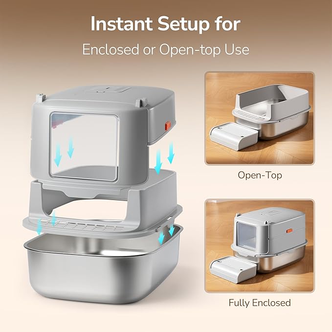 Stainless Steel XL Cat Litter Box with Lid & Door Flap, Extra Large Enclosed Metal Litter Box with High Sides, Light Grey