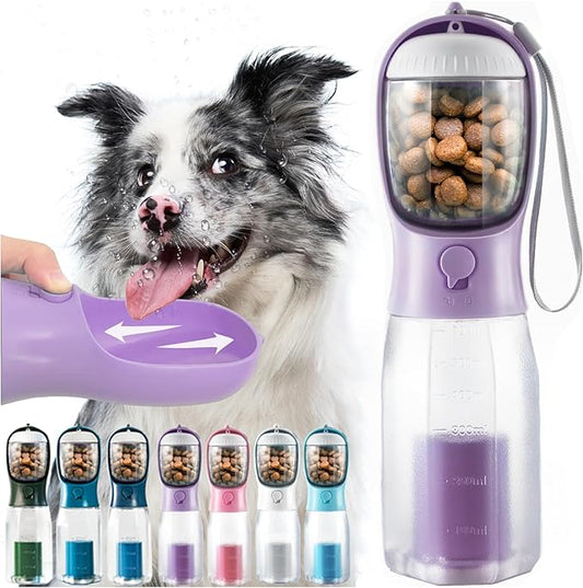 Portable Water Bottle for Dogs, 3 in 1 Pet Travel Bowl Dispenser with Food Treat Container & Poop Bag Holder, Summer Walking Hiking Accessories for Large Dog On The Go - Purple, 20oz