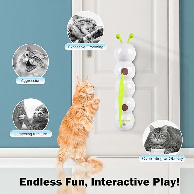 Whirlie Cat Toy – Smart Motion Interactive Cat Toy with Worm Design for Indoor Cats Automatic Cat Toys Tail for Hunting, Jumping, and Interactive Play Mount on Wall, Window