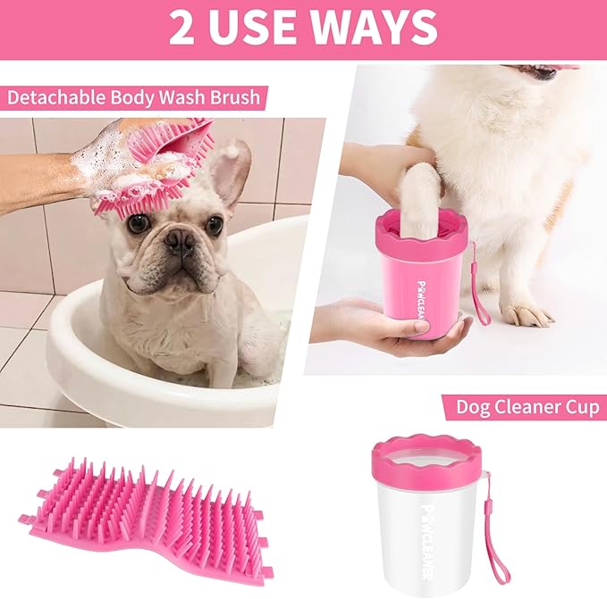 Comotech Portable Pet Foot Washer with Silicone Brush, 3 Absorbent Towels for Small Dogs (Pink)