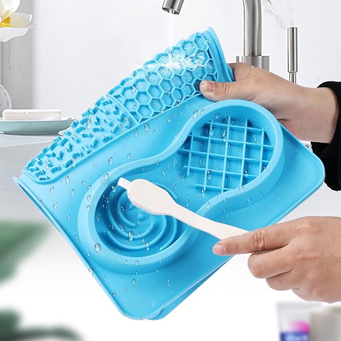 LONGFITE Large Dog Feeding Licking Snuffle Mat Silicone Slower Feeder Lick Mats Multi Use for Dry&Wet Food and Water with Brush and Spatula (Blue)