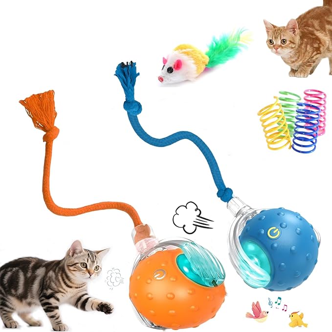 2-Pack Interactive Cat Toys Ball - 2025 New Gen with 360° Auto-Rotation Smart Obstacle Avoidance,Includes 4 Cat Spiral Spring&1 Furry Cat Toy Mice,Ideal Kitten Toys for Bored Indoor Cats(Orange&Blue)