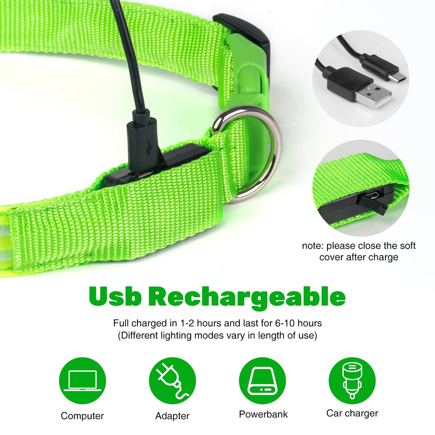 Geekman LED Dog Collar, LED Glow Collar with USB Rechargeable, Comfortable Adjustable Soft Mesh Safety Dog Collar for Dogs(Large, Green)