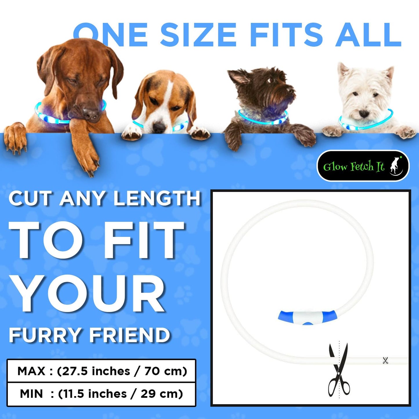 LED Dog Collar, Waterproof Light Up Dog Collar Rechargeable, Dog Safety Necklace for Night Walking, Adjustable Cut-to-Fit Silicone Collar Small Medium Large Dog 27.5” Cuttable (Blue)