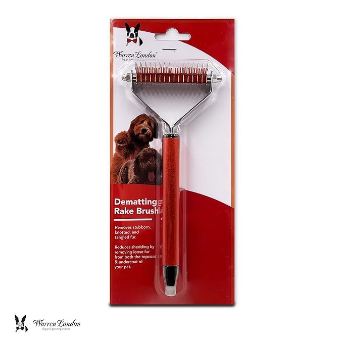 Warren London Undercoat Rake Brush for Dogs and Cats - Premium Deshedding Tool for Long Haired Pets - Skin Friendly Dematting Comb for Professional Grooming Results at Home