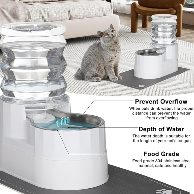 RIZZARI Automatic Pet Water Dispenser: 5L White Cats and Dogs Gravity Feeder - Stainless Steel Bowl - Outdoor Hiking Use
