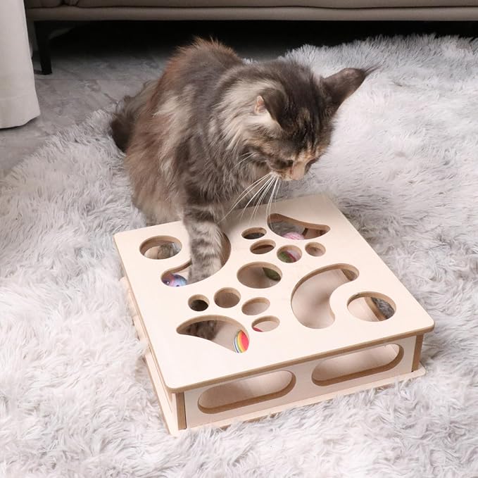 Cat Interactive Box Puzzle Toy with 3 Small Balls and 1 Bell Indoor Hunting Exercise Toy for Kittens Natural Wood Material