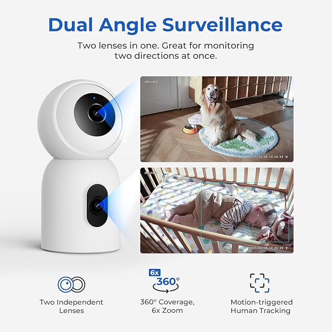IMILAB C30 Dual Lens Security Camera Indoor, 3K+3K Baby Monitor 360° View Dog Camera w/Phone App, 5G WiFi Room Cam for Bedroom, Cry/Pet/Smoke/Fire Detection, Wall/Room Mount, Plug in, Easy Setup.