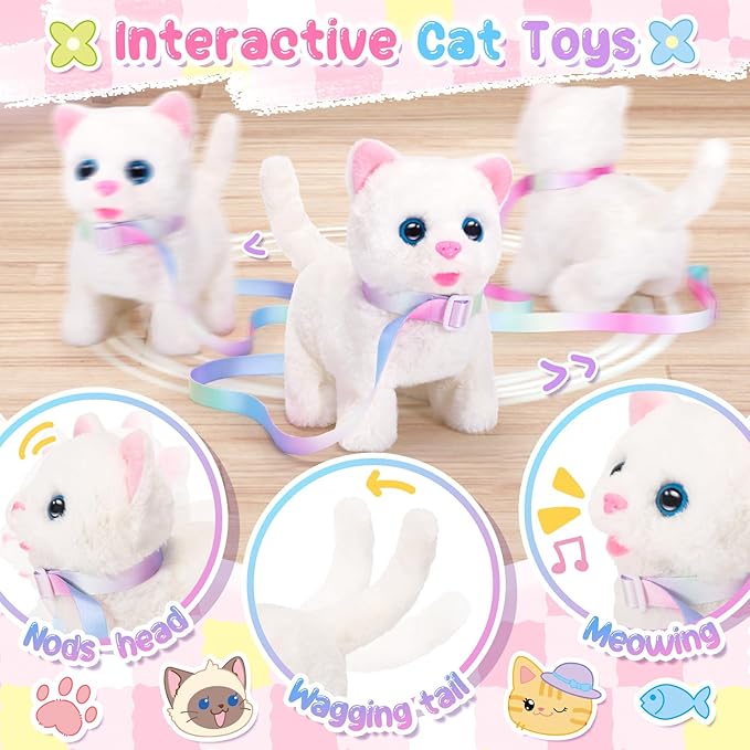 Interactive Cat Toys for Kids with Crossbody Bags, Stuffed Cat Plush with Leash Walking Meow Pretend Play Kitty Robot Pet Toy, Electronic Realistic Cute Stuff for Girls Plushies Toddler Toys