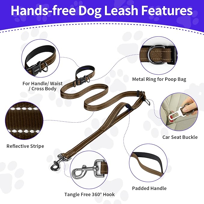 Hands-Free Dog Leash with Adjustable Length 6-9FT + Dual Padded Handles Reflective Safety for Walking, Jogging & Training| Suitable for Medium to Large Dogs & Puppies Brown-L