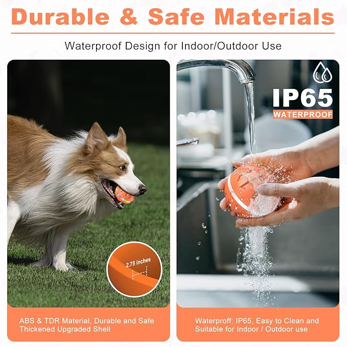 Dog Toys Dog Ball, Durable Motion Active Rolling Balls with Remote Control LED Light, Rubber Peppy Pet Balls for Medium Large Dogs, USB Rechargeable, 3.2-in Diameter (Orange)