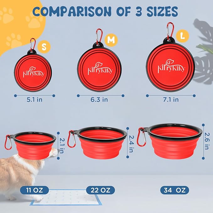 Large Collapsible Dog Bowls, 2 Pack 34oz Portable Travel Dog Bowls, Foldable Water Bowl for Dogs, Pet Feeding Watering Dish with Carabiner, Food Grade Silicone BPA Free(Red+Black, L)